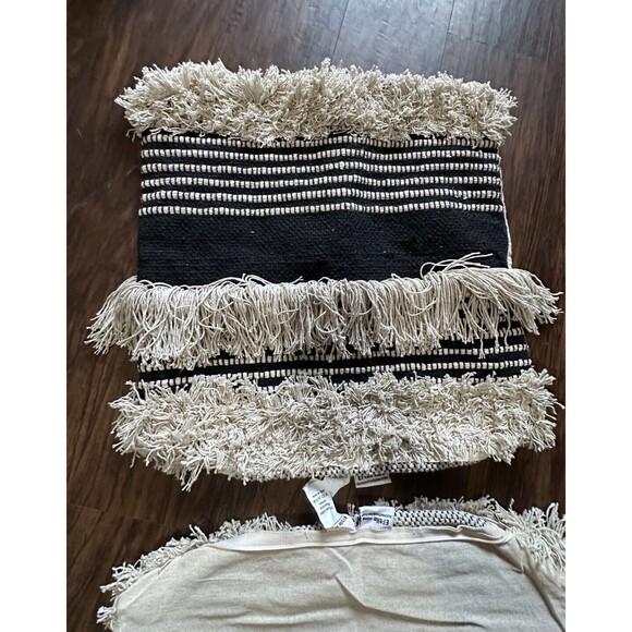 Pair 20"x20" Boho Pillow Covers Black Ivory Fringe Zipper Farmhouse Texture New - Picture 8 of 8
